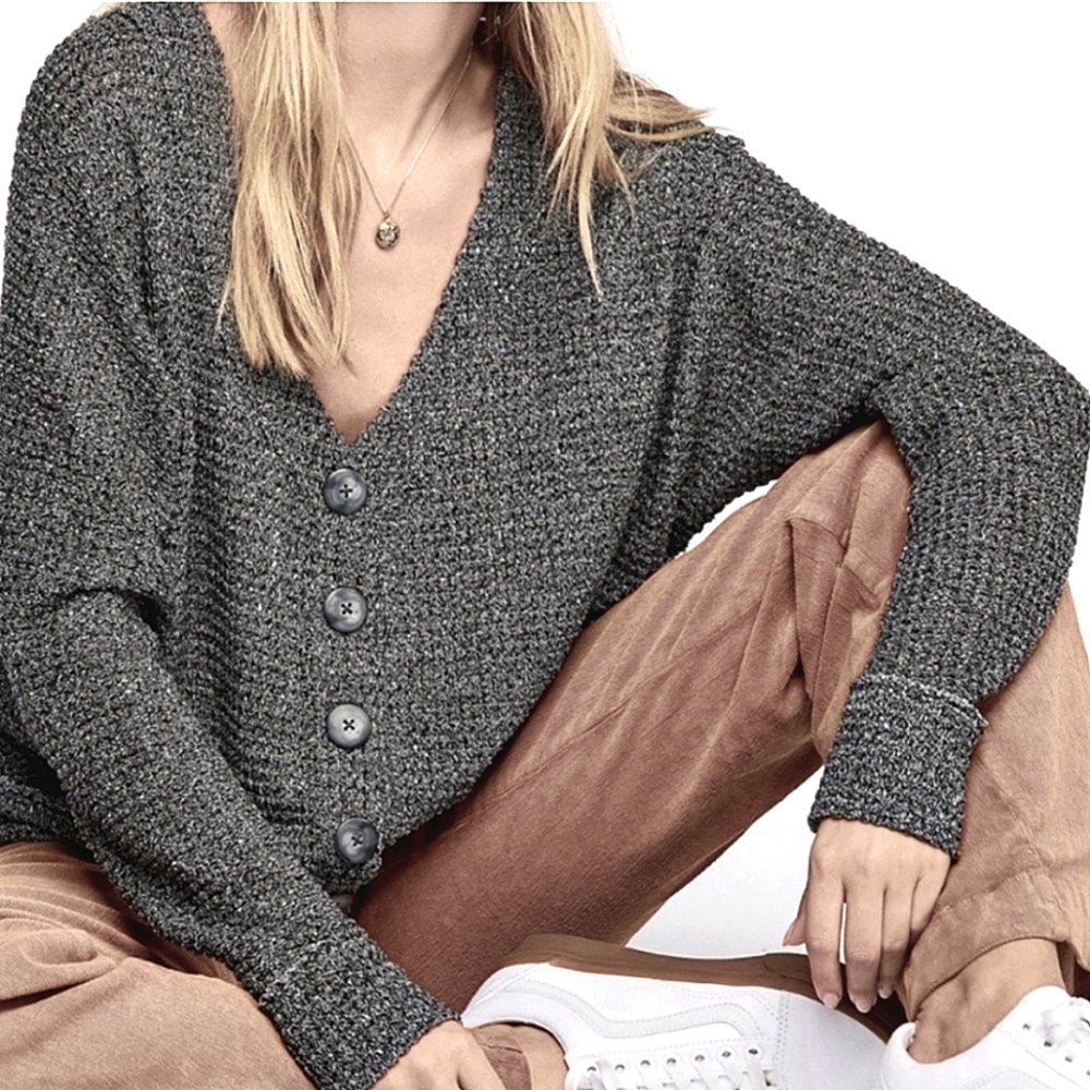 We The Free Top Dog Waffle-Knit Button-Up Cardi Boho Fall School Spring Travel